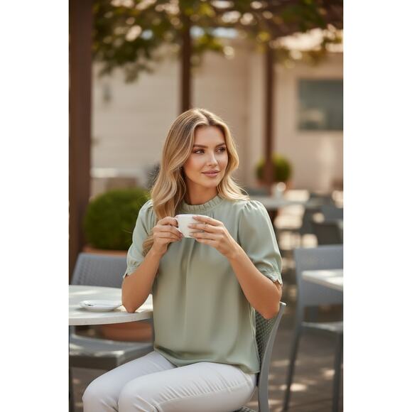 BTFBM Pleated Mock Neck Blouse | Lace Trim Puff Sleeve Top | Size M | New With T - Picture 2 of 7